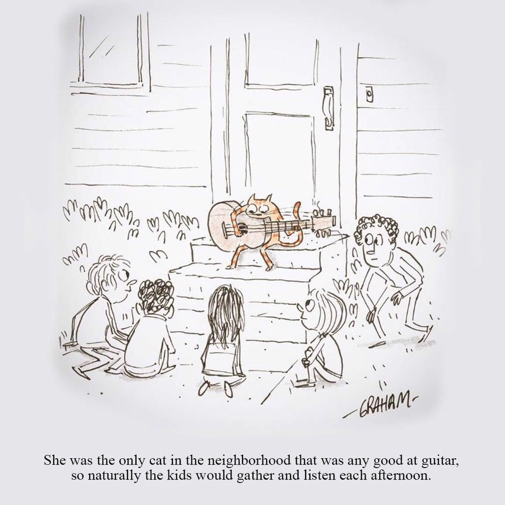 A cartoon illustration of a cat on a front step playing an acoustic guitar surrounded by children who are listening. Caption reads "She was the only cat in the neighborhood that was any good at guitar, so naturally the kids would gather and listen each afternoon."