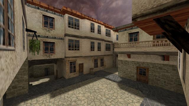 In this picture you can see an inner courtyard of an apartment block. You can see three entrances / ays to this one. Next to a window, which is on the first floor, a flower pot is attached to a hook. An exit also goes down one level. This is on the map de_torn in the game Counter-Strike 1.6.