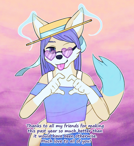 Lloxie the phasefox wearing heart sunglesses and poking their tongue out with a smile while making a heart gesture with their hands towards the viewer. Text at the bottom reads "Thanks to all my friends for making this past year so much better than it would have been otherwise. Much love to all of you!"