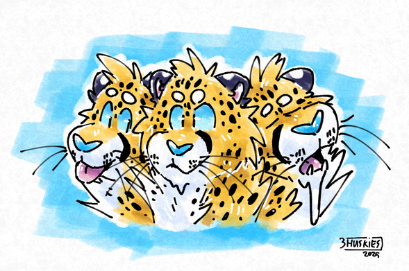 Digital watercolor art of Kit Tai Ike as a three-headed cheetah.