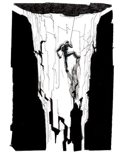 An ink drawing in a sketchbook, showing an intrepid spelunker repelling into a deep chasm. Outside, it is night, and the depths below him are pitch black.