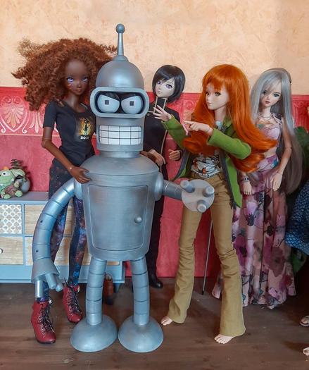 A group of Smart Dolls with an equal sized Bender robot form Futurama