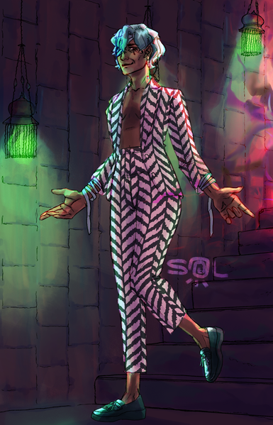 Mummy melcon strides confidently down a set of stairs wearing a black and white stripped suit and fancy loafers