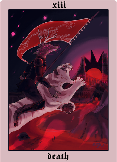 A hades tigers version of the death tarot card. Yasmin, an antropomorphic deer, wears an all black armor while riding a white tiger leaping over the styx river.