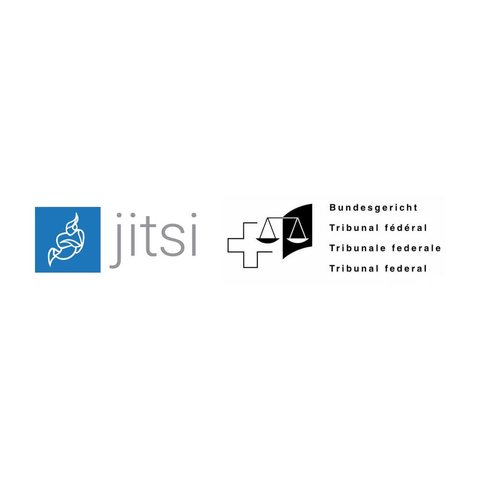 The image shows two logos side by side. On the left is the "jitsi" logo, with the word "jitsi" in grey next to a blue square containing a white figure. On the right is a white cross with a scale design on the left and a black flag design on the right. Below this are the words "Bundesgericht", "Tribunal fédéral", "Tribunale federale", and "Tribunal federal" in black text.