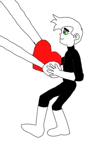 Digital ink & color over a pencil sketch of Danny Phantom pulling back a large slingshot with a heart shaped package in it. For #dailysketchingworkout prompt "this will get their attention"