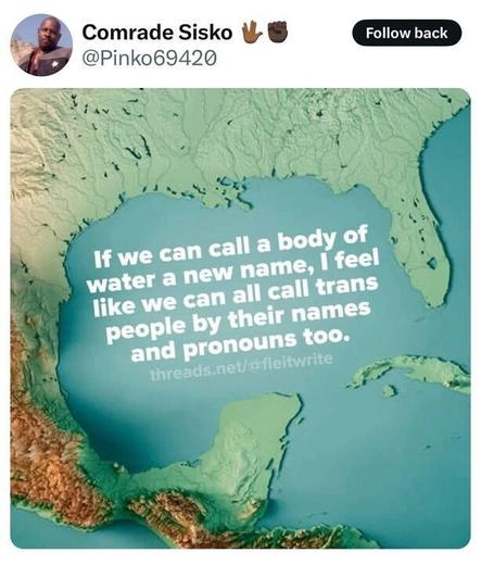 A tweet from Comrade Sisko (
@Pinko69420
) with two raised fist emojis reads: "If we can call a body of water a new name, I feel like we can all call trans people by their names and pronouns too." The tweet includes an image of a map showing the southeastern United States, the Gulf of Mexico, and parts of the Caribbean. Overlaid on the map is the text: "If we can call a body of water a new name, I feel like we can all call trans people by their names and pronouns too." Below this text, there's a URL: threads.net/
@fleiwrite