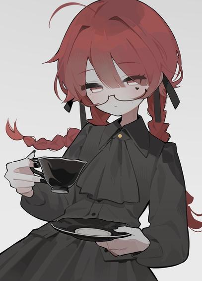 Glassed redhaired girl in tea time