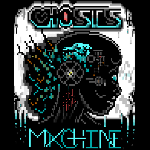 Framed by a logo reading Ghosts in the Machine, the interior of an android's head is viewed in cross-section, revealing machinery and mechanisms it uses to make sense of its input and act accordingly.