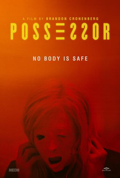 Film poster for the movie Possessor, with a disturbing image of a woman who has a mask of her own distorted face hanging off her real face.