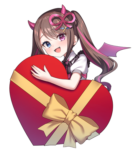 Devil girl with each eye in different color, she  hugs a big gift in heart form
