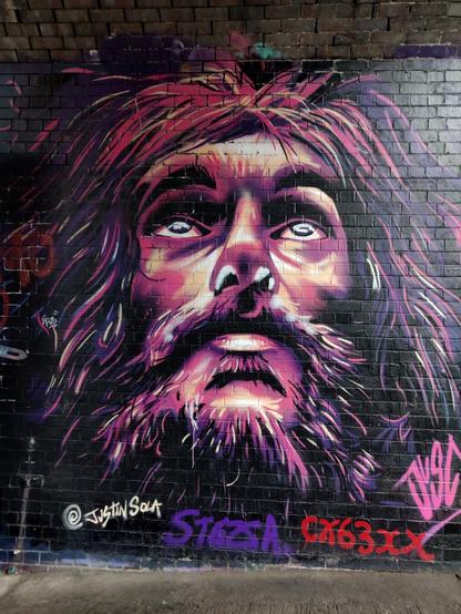 Purple tinged urban art mural of a bearded man with long hair and maybe a kind face looking up. The painting is just of his head and on a brick wall.