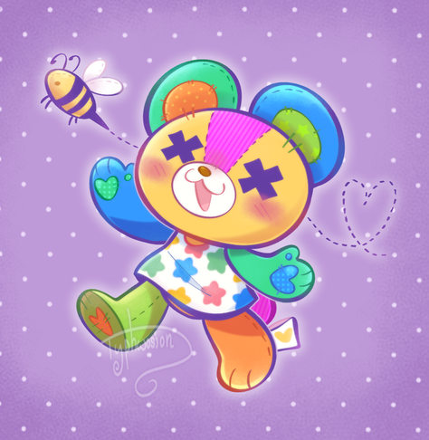 Art of Stitches from Animal Crossing, he's happily chasing a plushie bee.