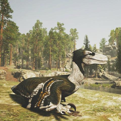 A screenshot of a Deinonychus in Path of Titans resting in a forest clearing with water behind it.