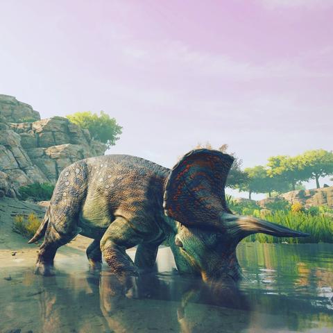 A screenshot of an Eotriceratops drinking from some water under a pink sky.