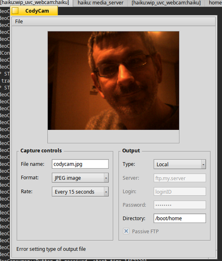 The CodyCam application showing my face in the preview.
