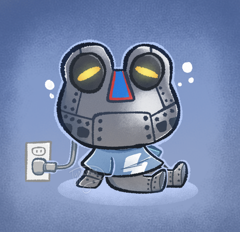 Art of Ribbot from Animal Crossing, a robot frog. He's dozing off on the floor while recharging in an outlet.