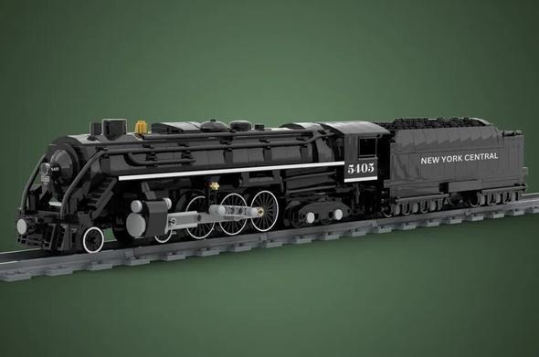 a model of a steam train made of Lego bricks