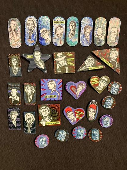 Wooden pins made with Doctor Who stamps, paint, sharpies, paper collage