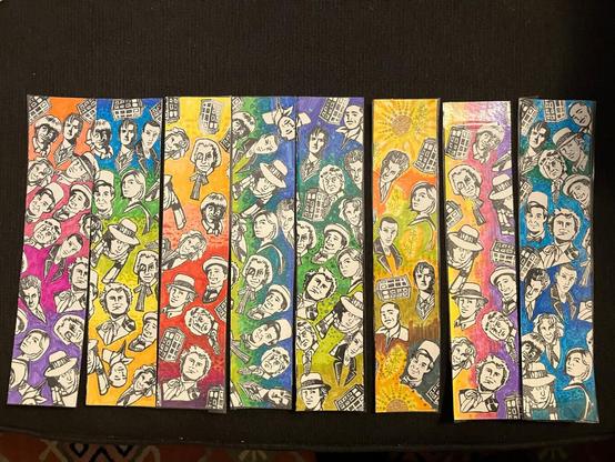 Bookmarks made with Doctor Who stamps, markers, watercolor paper, packing tape