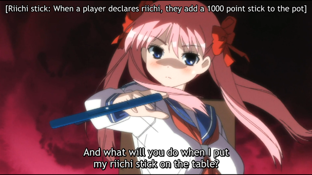 Nodoka, a pink long haired young woman in a sailor fuku dramatically throwing a 1000 point mahjong stick to the table and thinking "And what will you do when I put my riichi stick on the table?" At the top reads [Riichi stick: When a player declares riichi, they add a 1000 point stick to the pot]