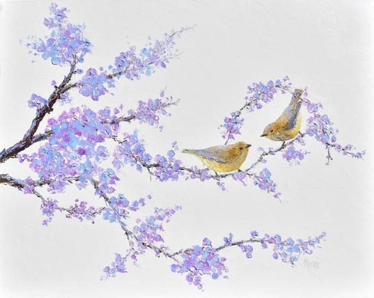 Delicate Jacaranda branches adorned with purple blossoms stretch across a light background, where two small brown Thornbill birds are perched on the branches appear to be interacting.