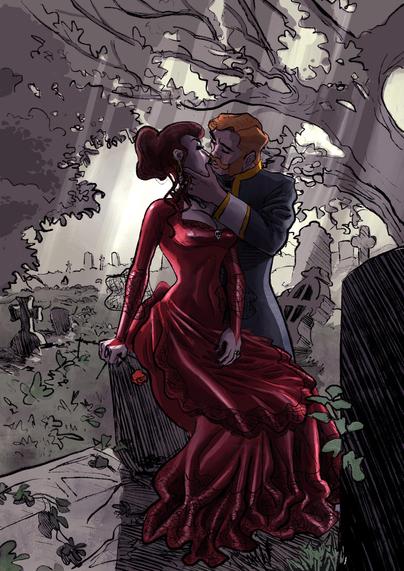 Lady D’Arcy and Sir James share a romantic kiss in a cemetery. The woman wears an elegant red dress and holds a red rose, while the man is dressed in a dark suit with gold accents. The scene is set among gravestones and dramatic lighting filters through the trees.

Lady D’Arcy and Sir James pause inspired by Dracula and Mila in Francis F. Coppola movie.