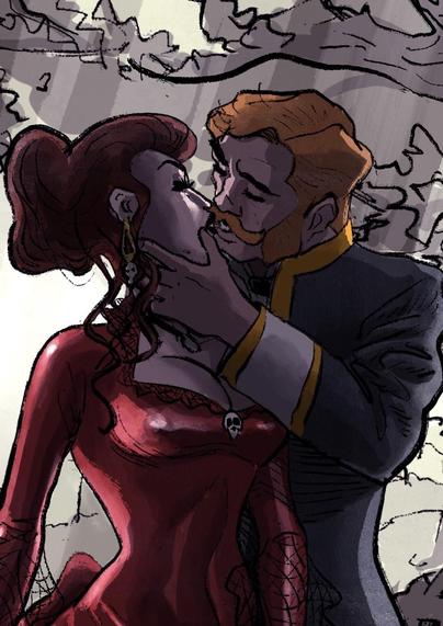 Zoom on Lady D’Arcy and Sir James as they share a romantic kiss in a cemetery.

Lady D’Arcy and Sir James pause inspired by Dracula and Mila in Francis F. Coppola movie.