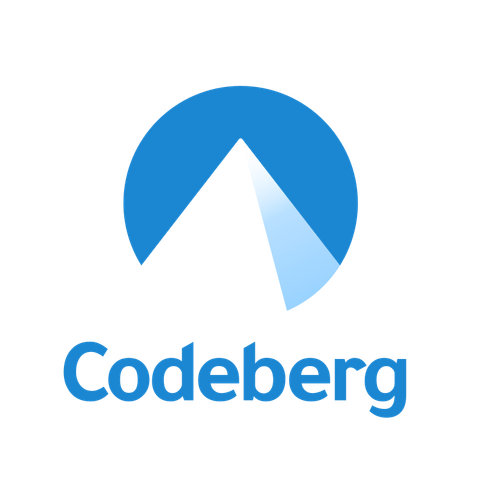 Two tone pyramid in a blue circle with the text 'Codeberg' below it.