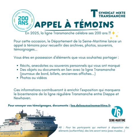 Texte d'appel à témoignage pour célébrer les 200 ans de la ligne Dieppe-Newhaven à travers des expositions à venir en Seine-Maritime