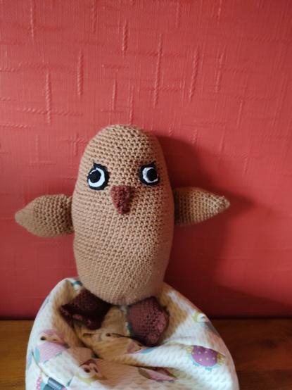 A crochet version of the child's drawing that is sitting on an owl cushion next to a red wall. The beak in this version is a bit bigger than in the drawing