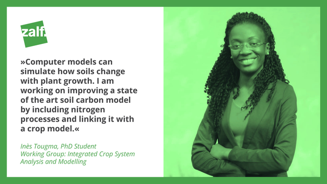 "Computer models can simulate how soils change with plant growth. I am working on improving a state of the art soil carbon model by including nitrogen processes and linking it with a crop model." 

Inès Tougma, PhD Student 
Working group: Integrated Crop System Analysis and Modelling