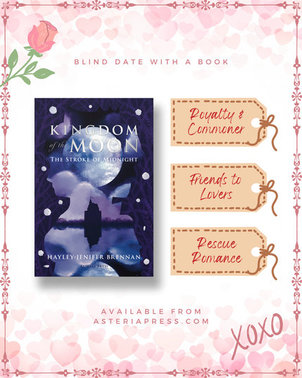 A graphic of an image of Kingdom of the Moon: The Stroke of Midnight by Hayley-Jenifer Brennan with the tags "Royalty & Commoner", "Friends to Lovers", "Rescue Romance". At the bottom are swipe left and swipe right buttons like in dating apps.