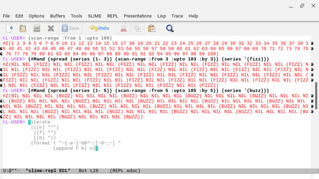 Repl output of length 100
- numbers
- (fizz) generalized bools
- (buzz) generalized bools
and a tiny declarative fizzbuzz solution in a lisp repl.