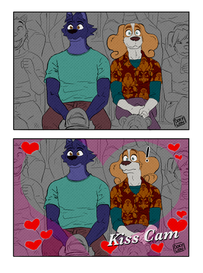 It's a comic: In the first panel Lupin and Belfort appear. They are watching the game. In the second panel Belfort is surprised because they are appearing on the KissCam.