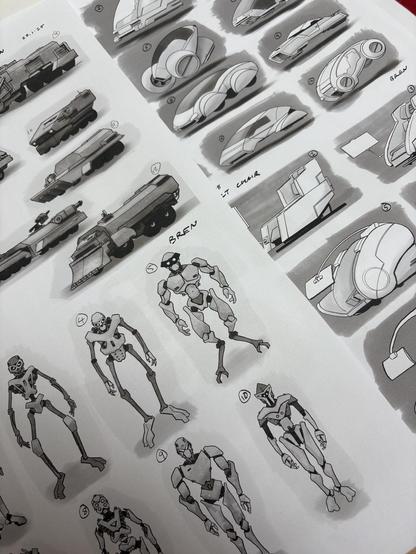 A selection of concept designs for various science fiction robots and vehicles