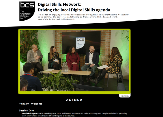 Screenshot of 'fireside' webinar led by the The Chartered Institute of IT. 5 panalists sitting in front of a BCS logo with some soft green lighting around them and a low table in front of them.