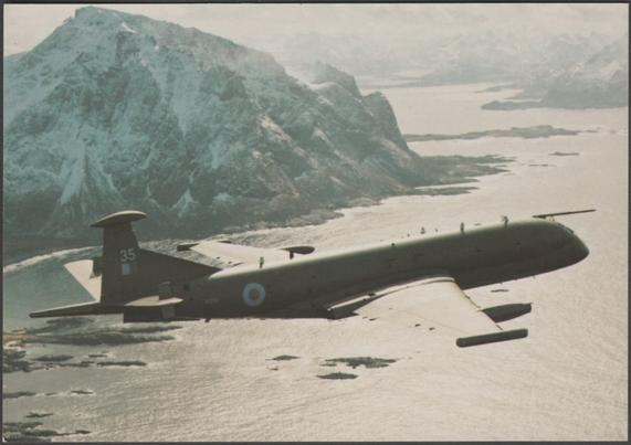Printed colour postcard showing a view of the Hawker Siddeley Nimrod MR2 on patrol.
Published by WorldAirSim, No 1 of 120.
Postally unused.
Excellent condition.