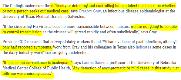 The findings underscore the difficulty of detecting and controlling human infections based on whether or not a person seeks out medical care, says Gregory Gray, an infectious disease epidemiologist at the University of Texas Medical Branch in Galveston.

"If the circulating H5 viruses become more transmissible between humans, we are not going to be able to control transmission as the viruses will spread rapidly and often subclinically," says Gray.

Previous CDC research that surveyed dairy workers found 7% had evidence of past infections, although only half reported symptoms. Work from Gray and his colleagues in Texas also indicates some cases in the dairy industry workforce are going undetected.

"It means our surveillance is inadequate," says Lauren Sauer, a professor at the University of Nebraska Medical Center College of Public Health, "Any detection of asymptomatic or mild cases in this study just tells me we're missing cases."
