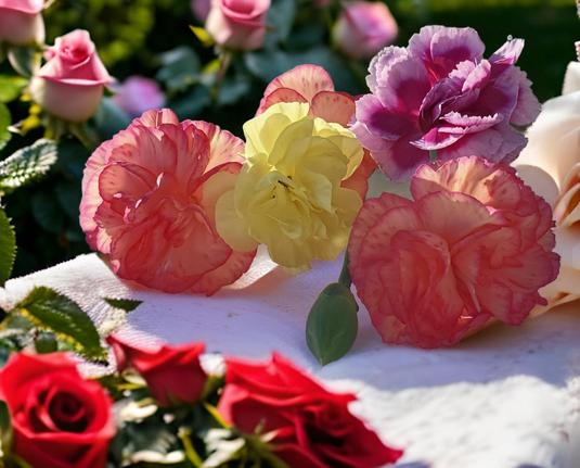 A beautiful assortment of carnations in a bouquet, placed gracefully on a table, highlighting their rich colors & delicate petals. They're surrounded by pink & red rose bouquets.
