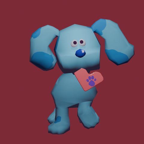 Low-poly 3D model of Blue from Blue's Clues holding a pink heart with her pawprint on it.