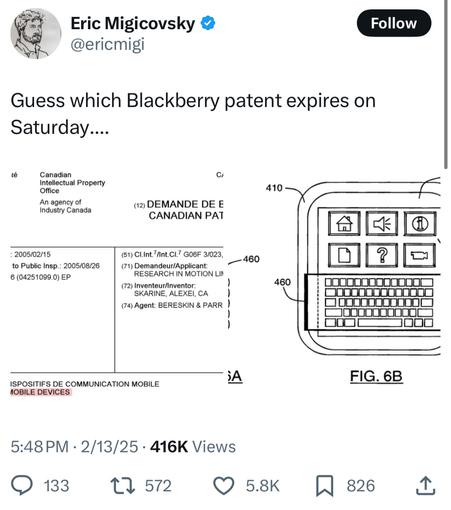 A tweet saying that BlackBerry’s patent on keyboards for mobile devices expires this Saturday