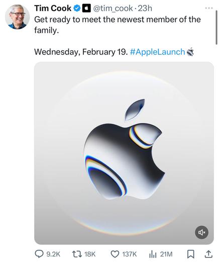 A tweet from Tim Cook announcing an Apple launch event on the 19th