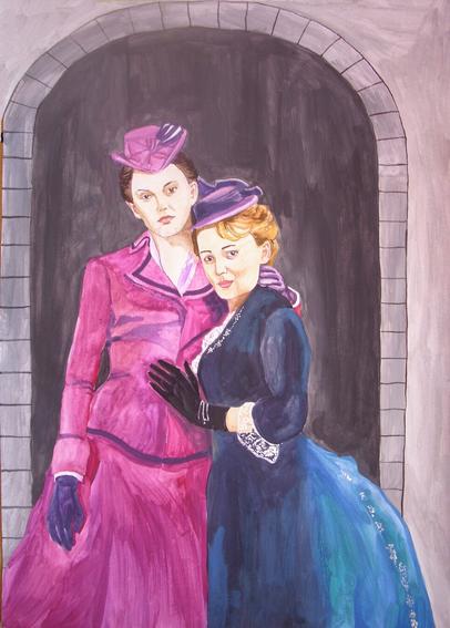 The two women are standing in front of a building, closely to each other. They are wearing Victorian fashion and hats, in mauve/pink and dark blue. One of them has dark brown hair, the other one is blond. Both are looking at the viewer and one has her hand (in a glove) on the belly of the other one.