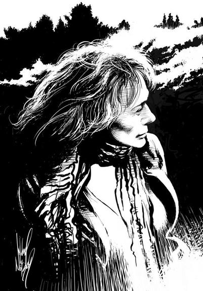 Black and white sketch portrait of Jeffrey Catherine Jones, a white person with long hair wearing a scarf and open vest.
