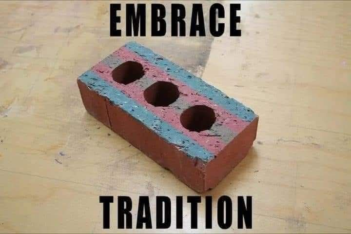 A brick, painted with a trans pride flag, with the meme text "Embrace Tradition" around it.