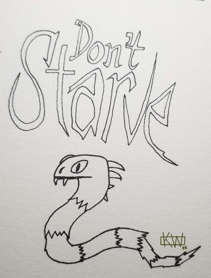 Ink drawing of the title of Don't Starve, with a bemused snake slithering under it.