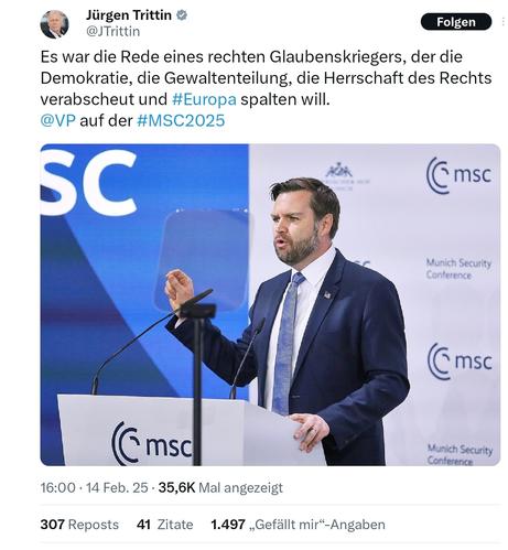 Jürgen Trittin, Vance ist ein rechter glaubenskrieger, der die Demokratie abschaffen will die Herrschaft des Rechts verabscheut...