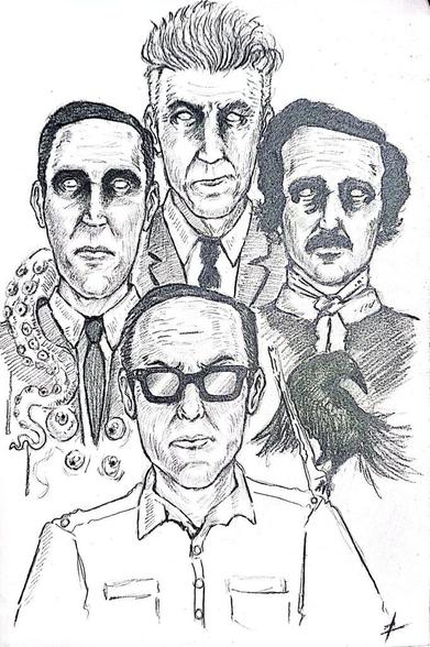 Pencil drawing featuring the faces of (clockwise from top) David Lynch, Edgar Allan Poe, Mexican writer Alberto Chimal, and H. P. Lovecraft.