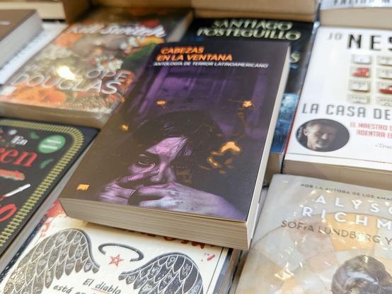 Among other books set on a table, a copy of "Cabezas en la ventana" (Heads Seen Through the Window), a new anthology of Latin American horror fiction.